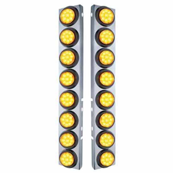 Stainless Steel Front Air Cleaner Bracket W/ 16 X 9 Round 2 Inch LEDs & Rubber Grommets - Amber LED / Lens -  For Peterbilt 378, 379 - Pair