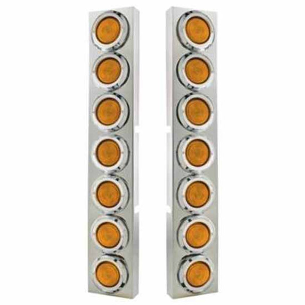 304 Stainless Steel Front Air Cleaner Bracket W/ 14 Rnd 2 Inch Flat Lights & Bezels- Amber LED / Amber Lens For Kenworth W900 - Pair