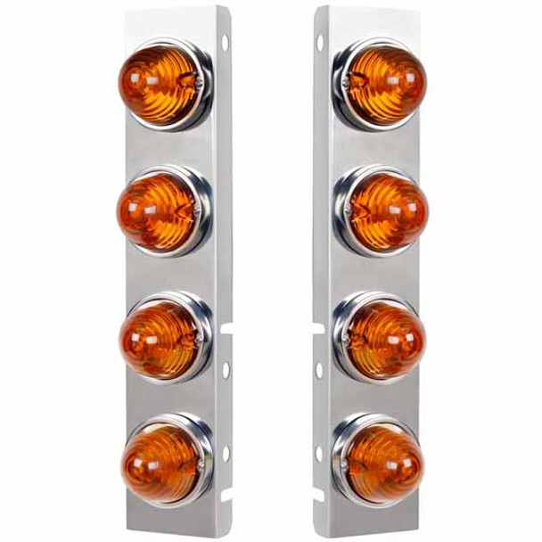 SS Front Air Cleaner Bracket W/ 8 LED 2 Inch Beehive Lights & Bezels - Amber LED / Amber Lens  For Peterbilt 378, 379