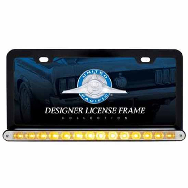 Black License Plate Frame W/ 14 LED 12 Inch Light Bar - Amber LED/ Clear Lens