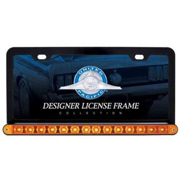 Black License Plate Frame W/ 14 LED 12 Inch Light Bar - Amber LED/ Amber Lens