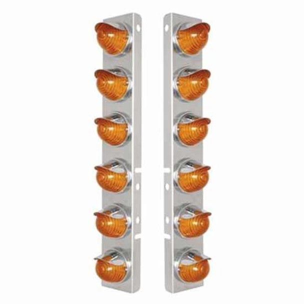 SS Front Air Cleaner Bracket W/ Twelve 17 LED Beehive Lights & Visors - Amber Led/ Amber Lens For Peterbilt 378, 379