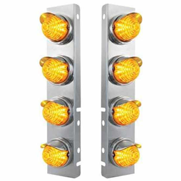 Stainless Steel Front Air Cleaner Bracket W/ Eight 17 LED 2 Inch Beehive Lights & Visors - Amber LED/ Amber Lens For Peterbilt 378, 379