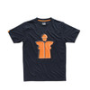 Scruffs Worker T-Shirt Navy flat front view with large orange trade icon graphic