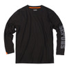 Scruffs Winslow Long Sleeve T-Shirt in black studio flat-lay front view showing sleeve logo and orange neck tape