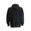 Scruffs Trade Hoodie in black, rear view showing hood, contrast stitching, reinforced elbows and ribbed hem