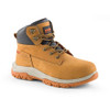 Opposite angled front view of Scruffs Ridge tan safety boot with lace fastening, padded ankle collar and orange tread