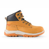 Scruffs Ridge tan safety boot in side profile with black padded ankle collar, lace fastening and orange tread sole
