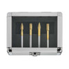HMT GoldMax TCT Burr 12mm 4pc Set – gold-coated carbide burr set arranged in a protective case