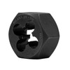 Black hexagonal die nut with four cutting openings shown at angle