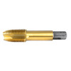 Gold-coated HMT VersaDrive MAX imperial spiral point tap, side view showing cutting flutes and hex shank