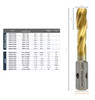 HMT VersaDrive Spiral Flute ImpactaTap - Imperial – drill-and-tap size chart next to a gold spiral-flute tap