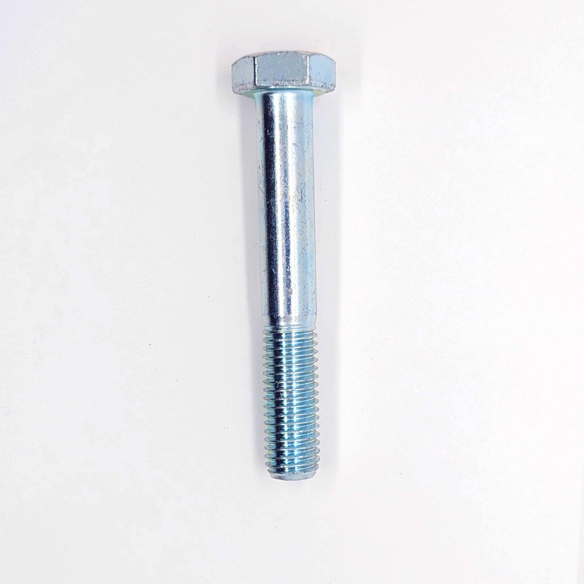 High Tensile Bolt Gr 8.8 Zinc Plated DIN 931 M12 x 130mm, single bolt viewed vertically showing the hexagon head and partially threaded shaft
