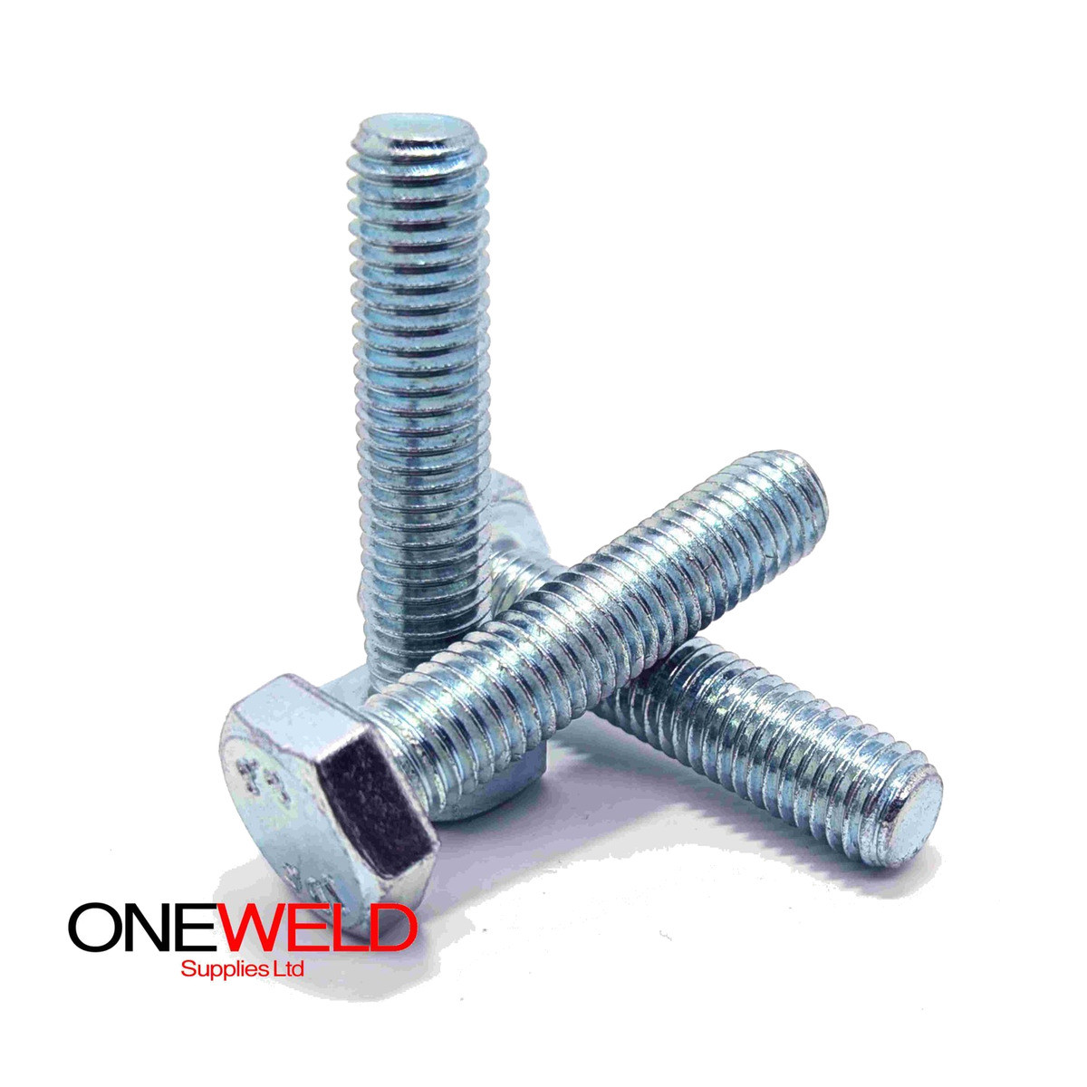 High Tensile Set Screw Gr 8.8 Zinc Plated DIN 933 M8 x 130mm, three zinc plated set screws arranged in a crossed stack