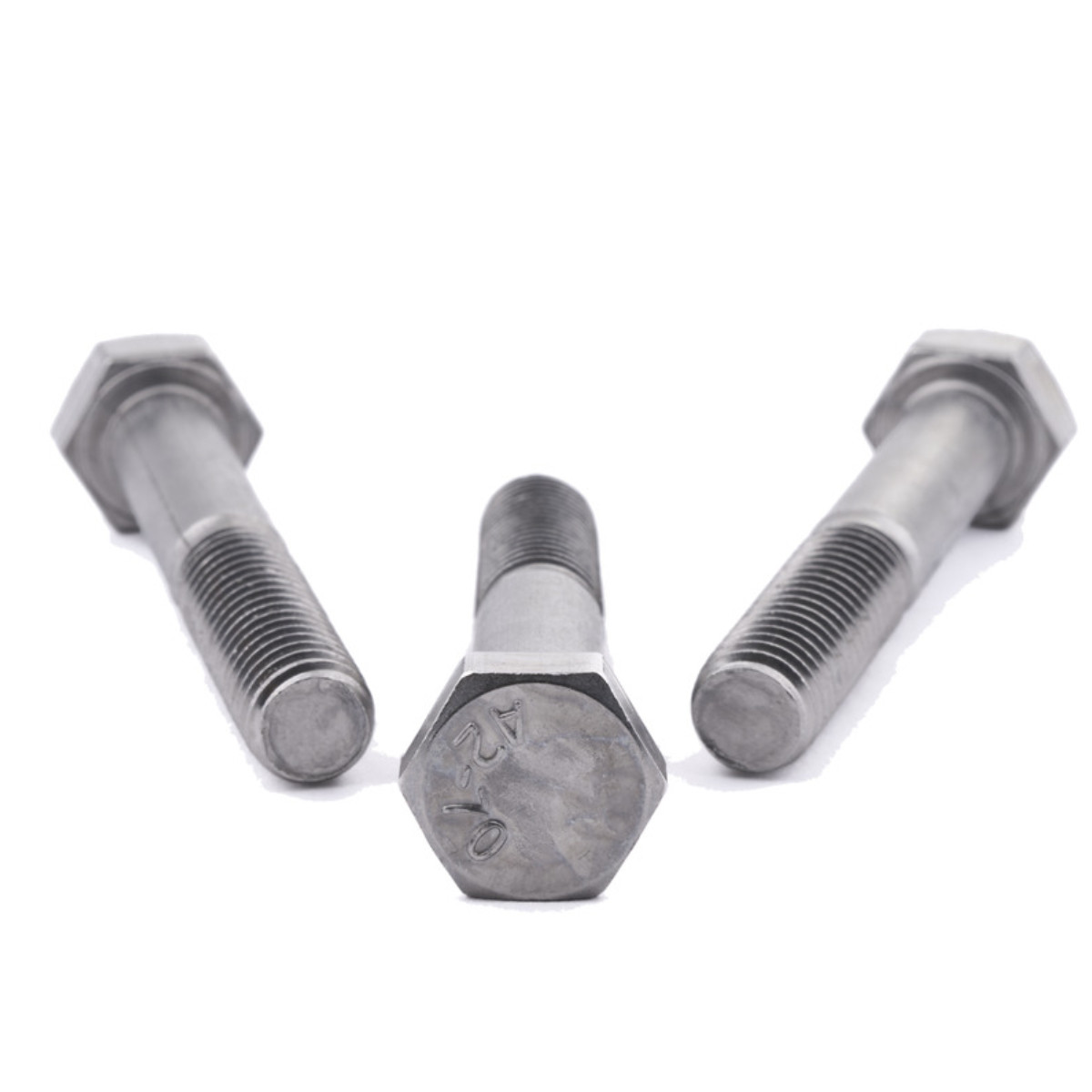 Hexagon Head Set Bolt DIN 931 Stainless Steel A2 M10 x 65mm, three bolts arranged around a central hexagon head view