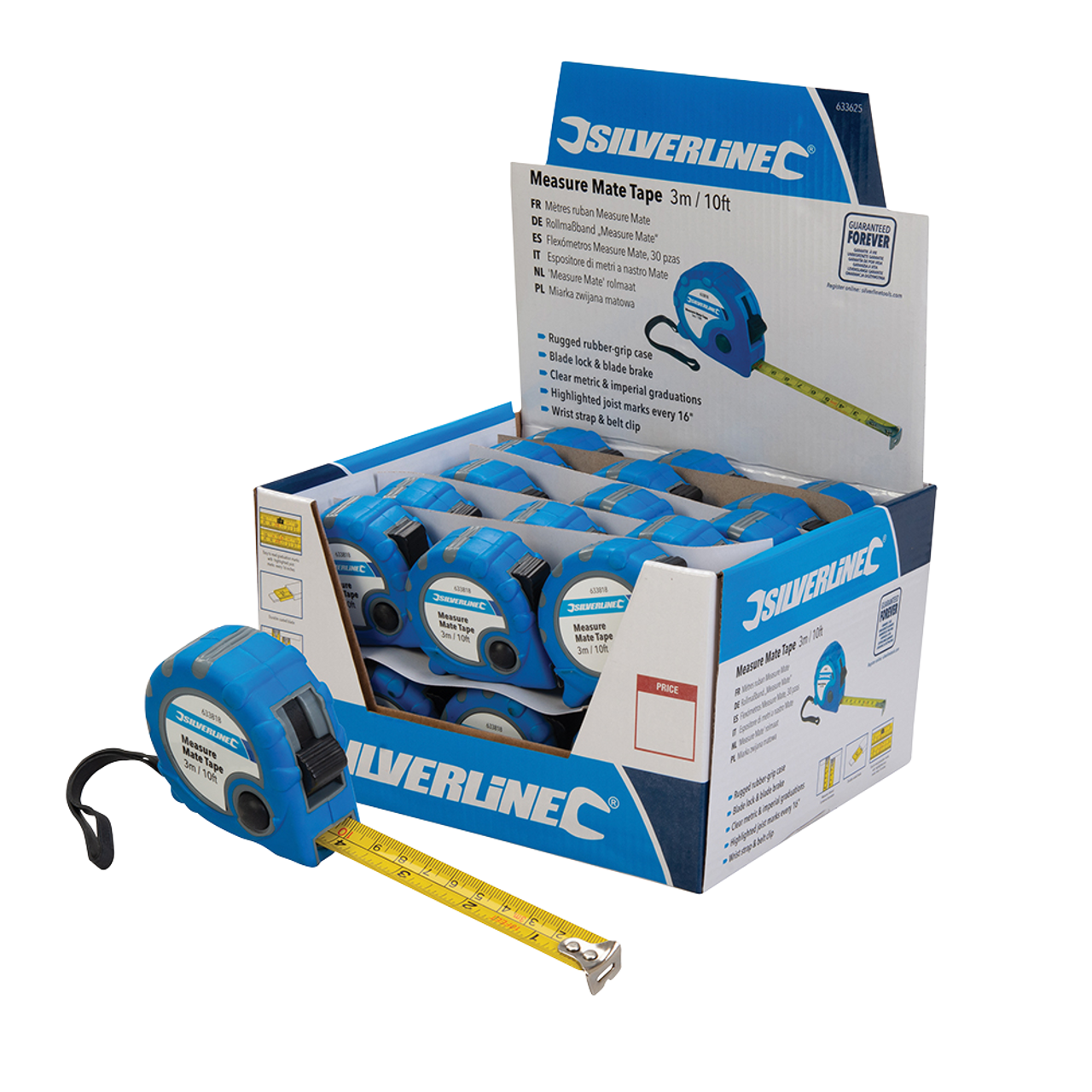 Silverline Measure Mate Tape Display Box - 30pce 3m / 10ft x 16mm from Oneweld Supplies.