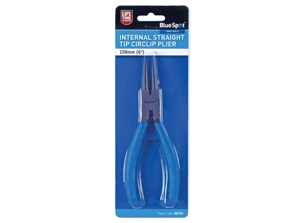BlueSpot Tools 150mm internal straight circlip pliers displayed in retail packaging