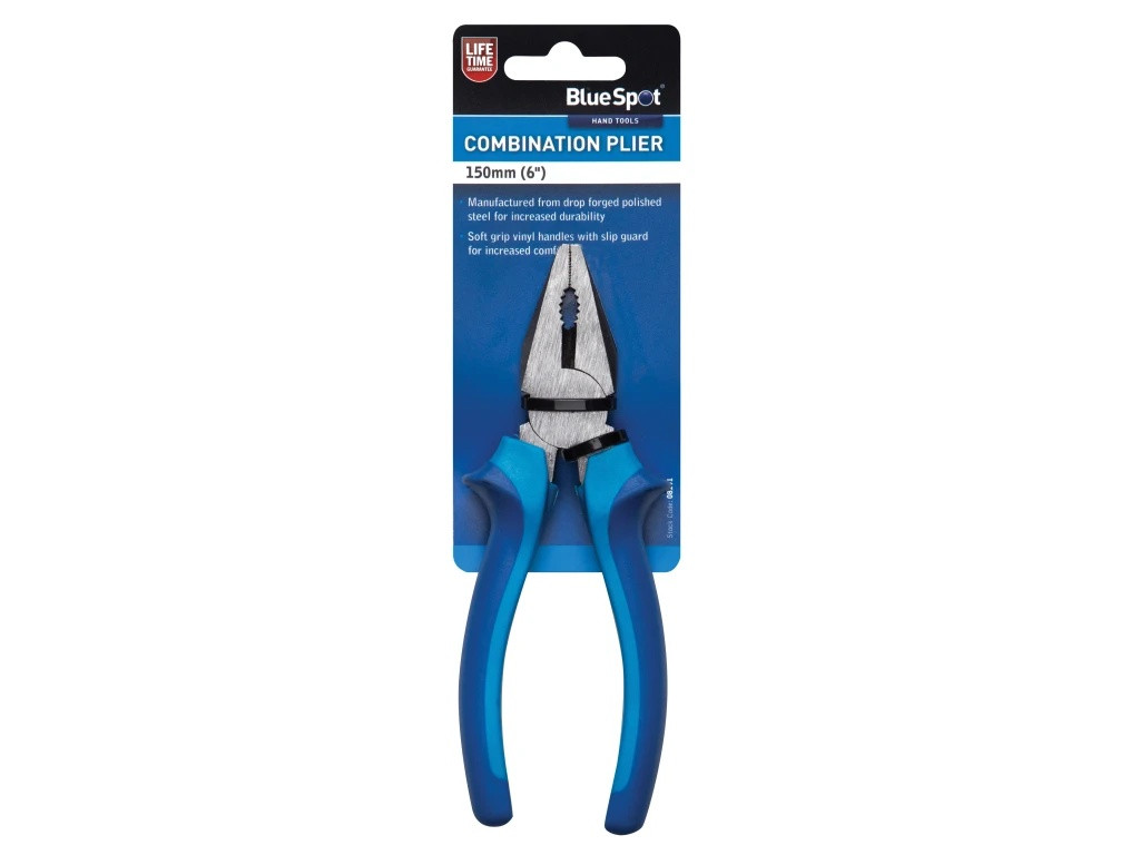 BlueSpot Tools 150mm 6 inch combination pliers displayed in retail packaging