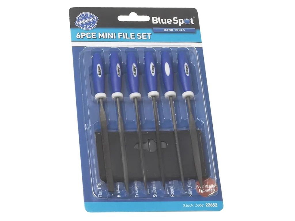 BlueSpot Tools 6 piece mini file set displayed in retail packaging