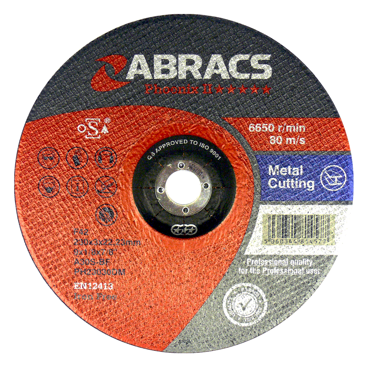 Abracs PHOENIX II 230mm x 3mm x 22mm DPC METAL Abracs abrasive disc for professional cutting and grinding applications in fabrication and engineering