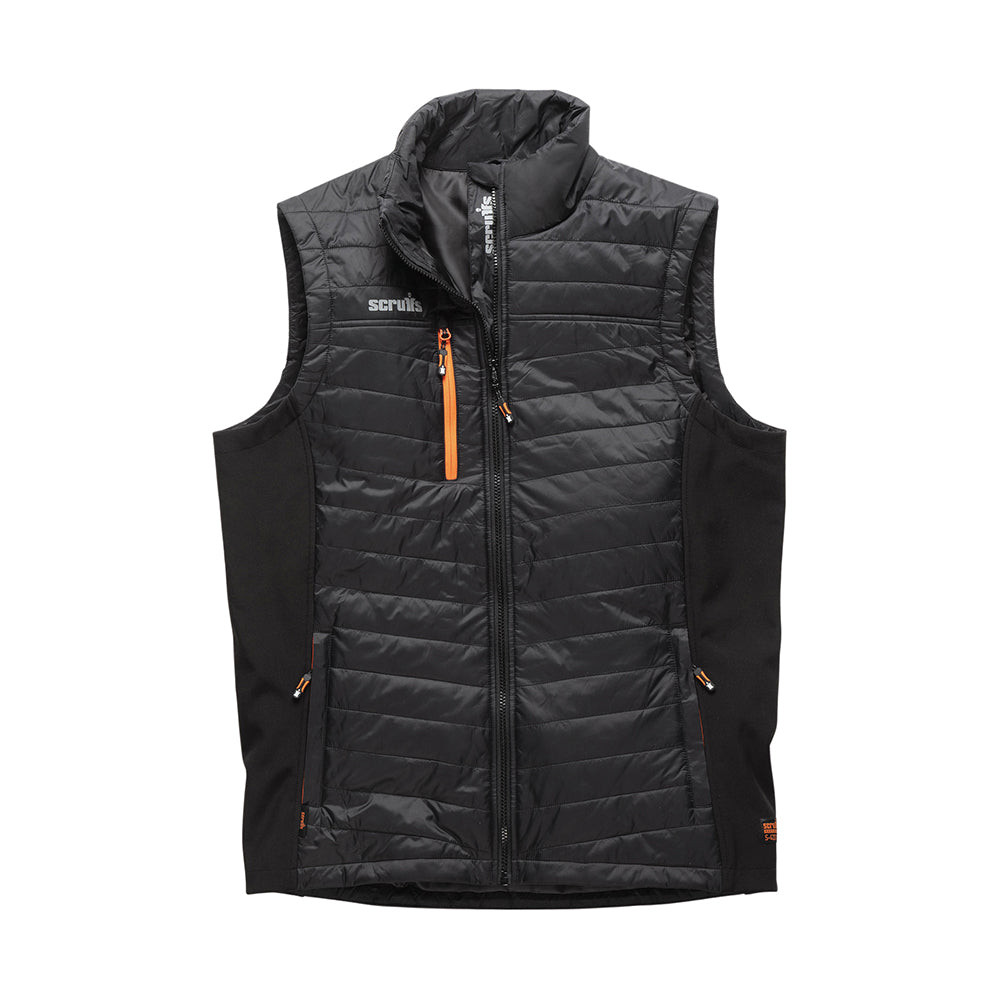 Scruffs Trade Bodywarmer Black front view showing full zip, chest pocket, and side panels