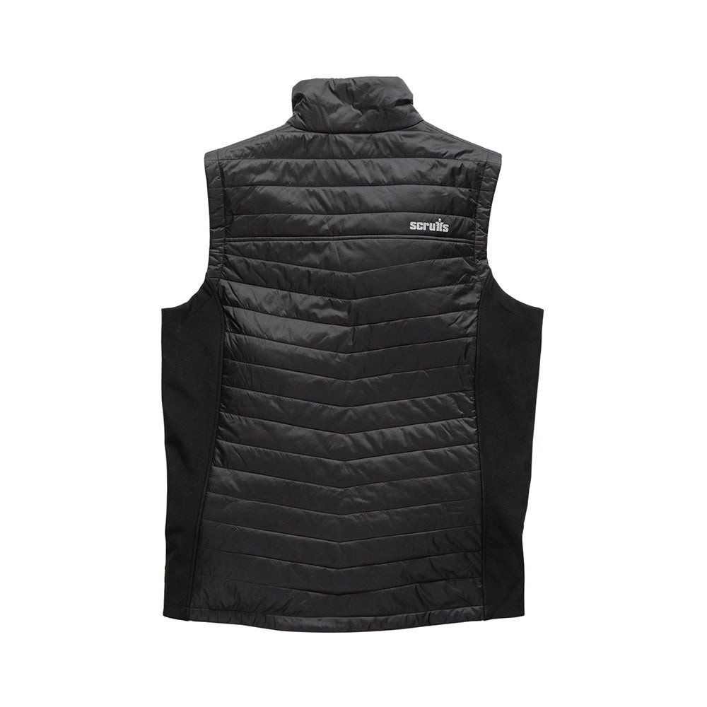 Scruffs Trade Bodywarmer Black rear view highlighting softshell side panels and padded body