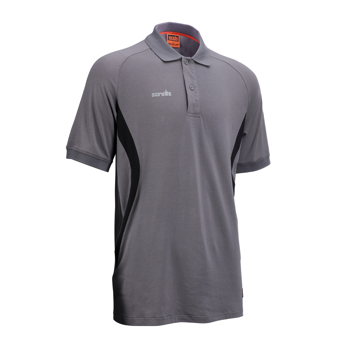 Scruffs Tech Polo Shirt Graphite front view showing black side panels and button placket