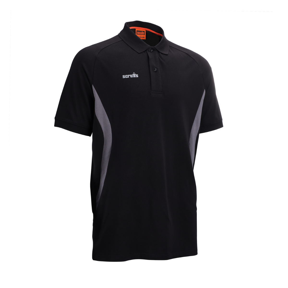 Scruffs Tech Polo Shirt Black front view showing grey side panels and printed chest logo