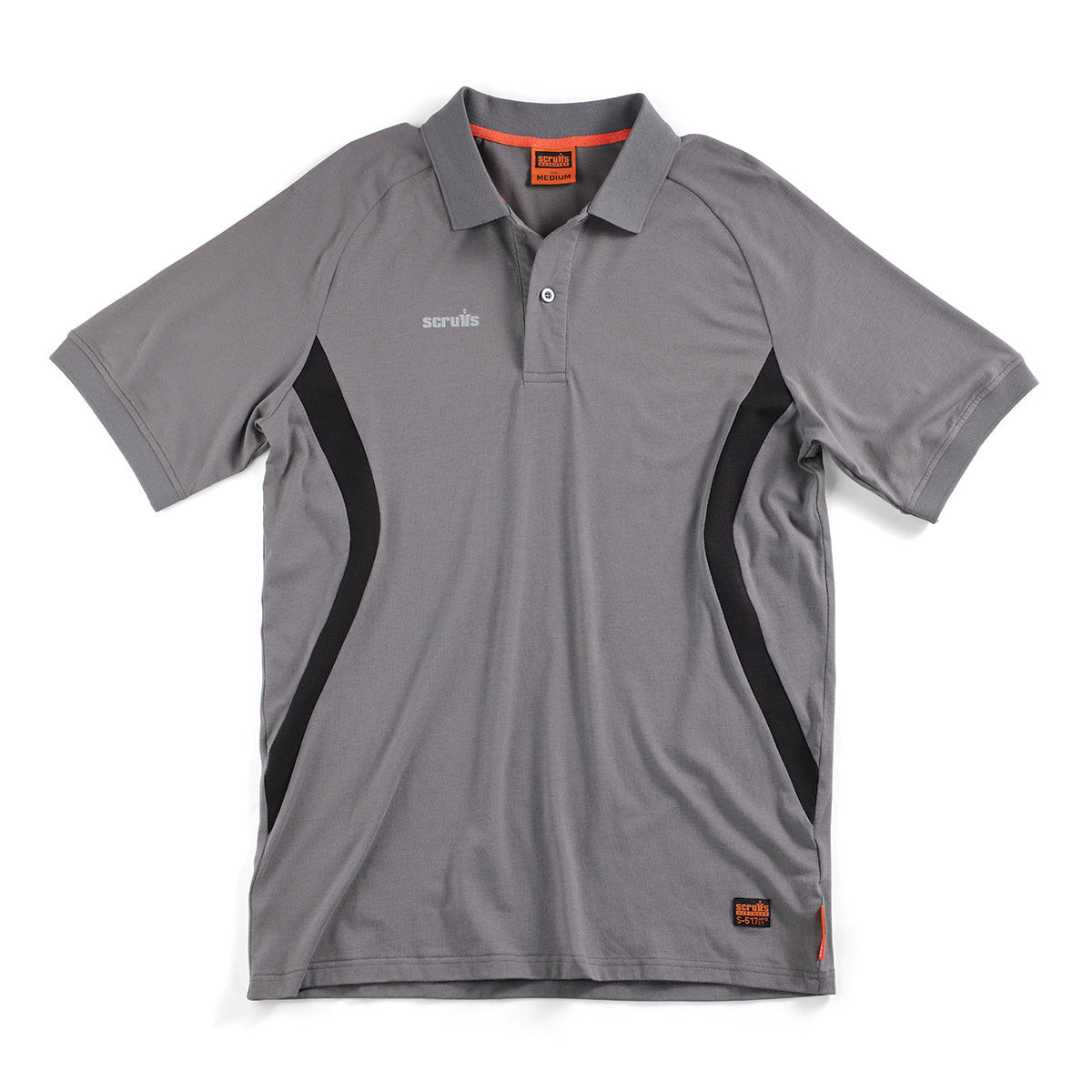 Scruffs Tech Polo Shirt Graphite flat front view showing black side panel detail