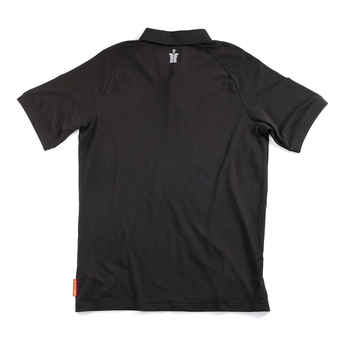 Scruffs Tech Polo Shirt Black back view showing high neck logo and woven hem tab