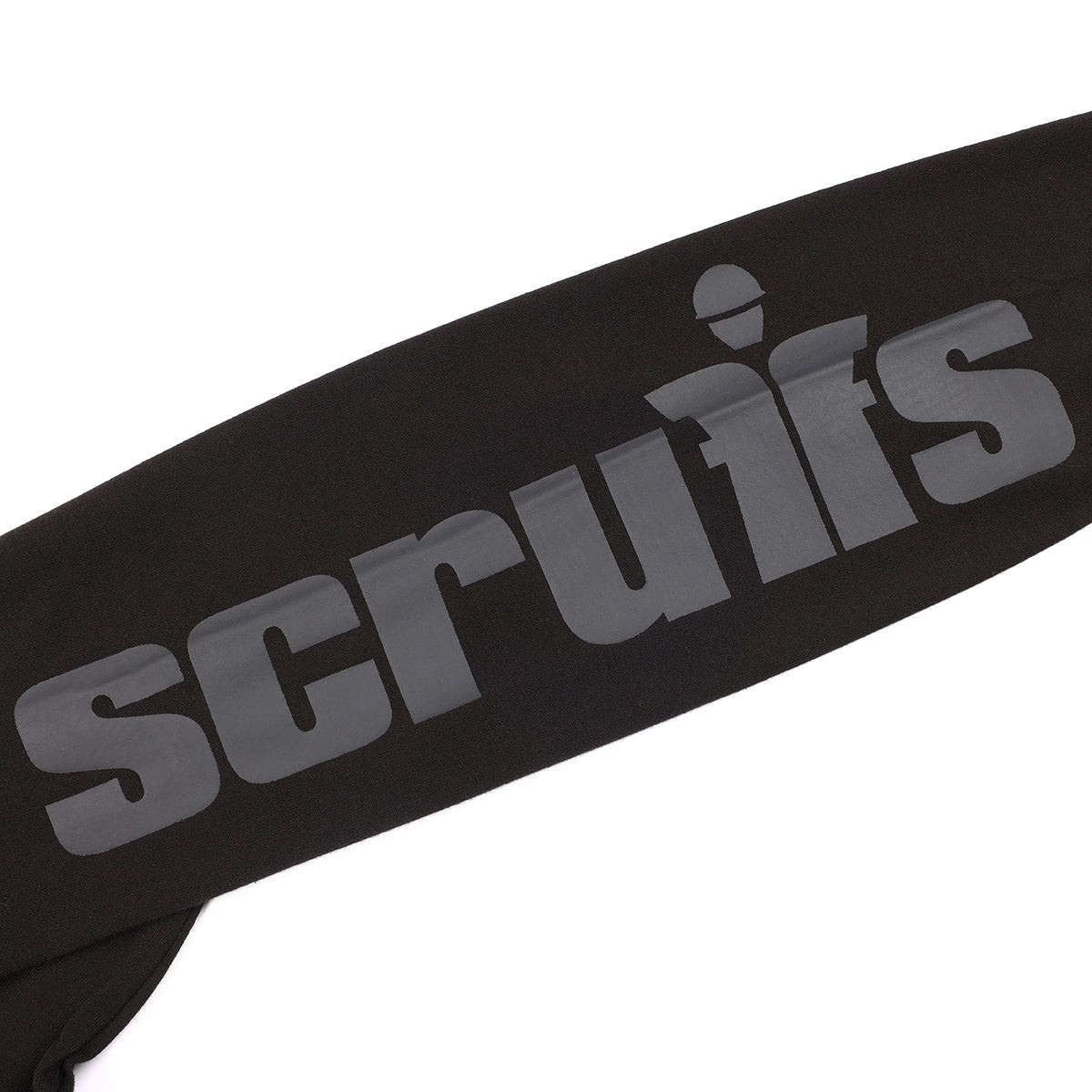 Close-up of dark grey Scruffs graphic text printed vertically along the left sleeve of Winslow Long Sleeve T-Shirt