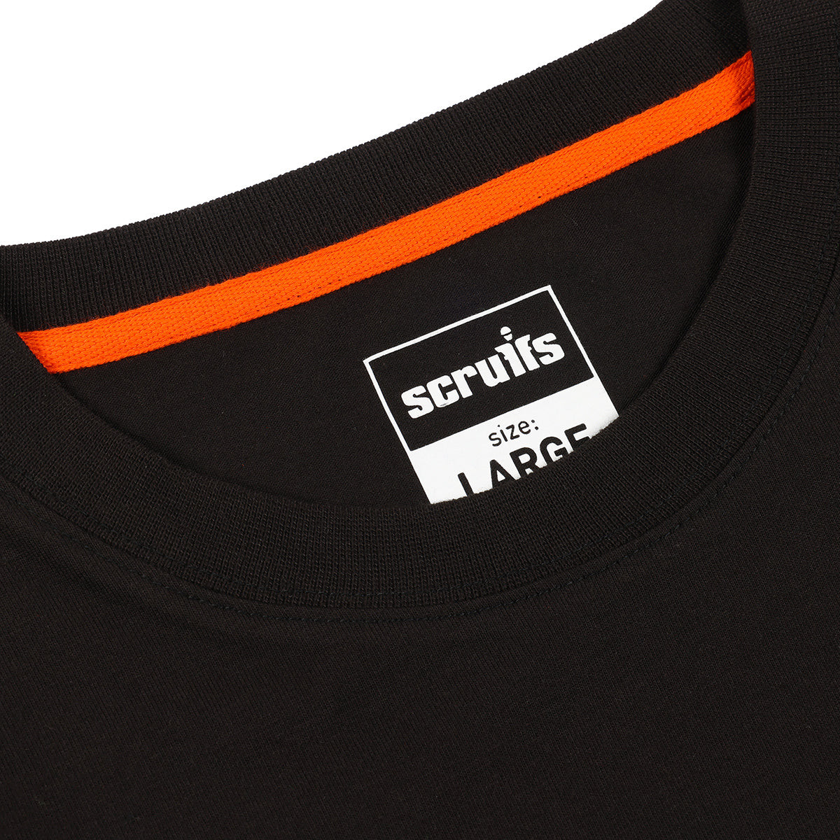 Close-up of Scruffs Winslow Long Sleeve T-Shirt collar with orange neck tape and white printed size tag