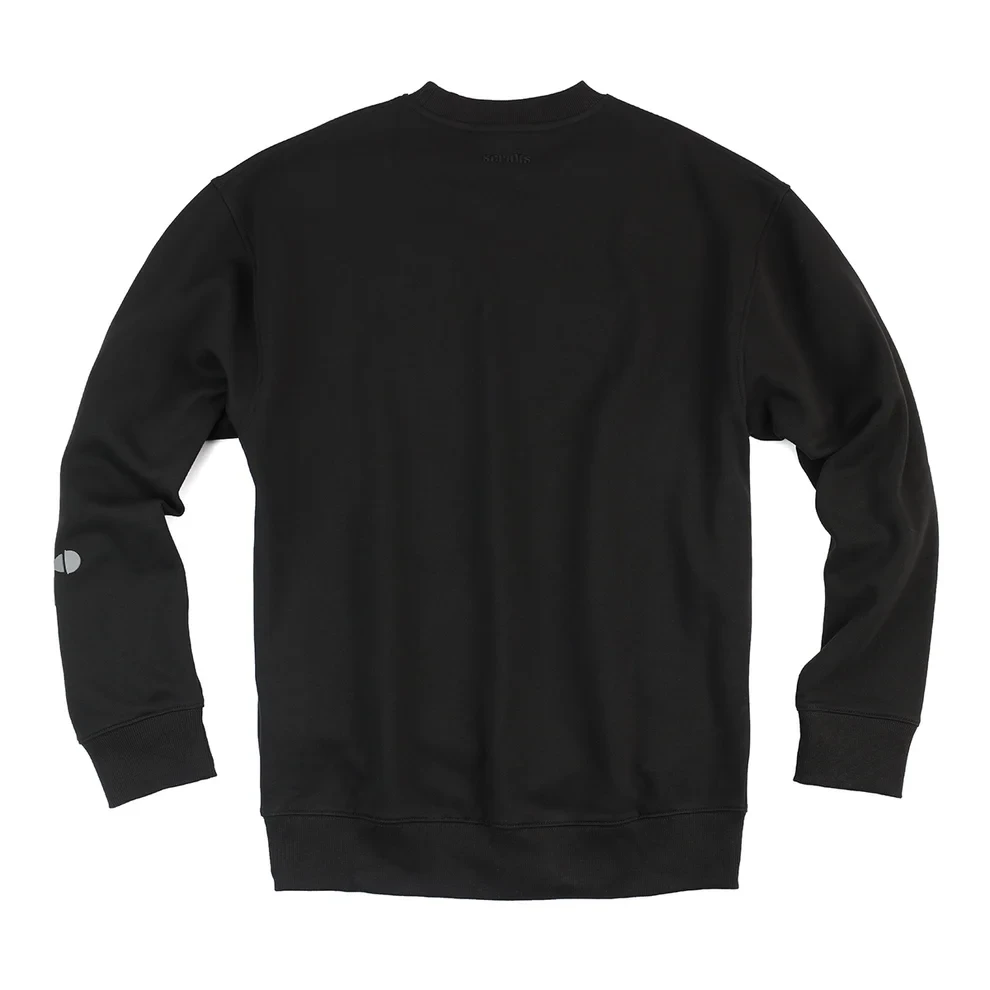 Back view of flat lay black Scruffs Fintry crew neck sweatshirt showing small logo on upper back