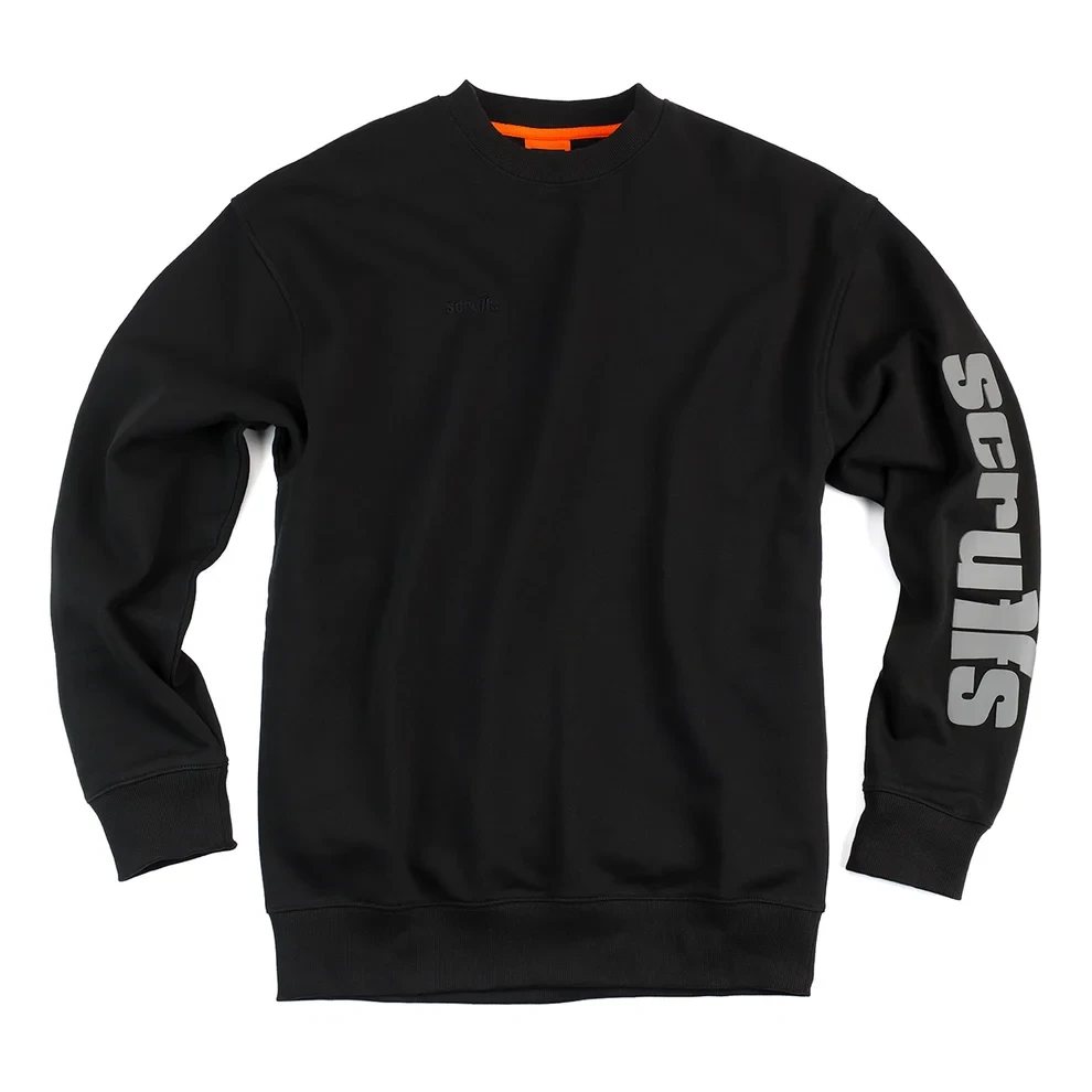 Front view of black Scruffs Fintry workwear crew neck sweatshirt with large grey logo printed along left sleeve