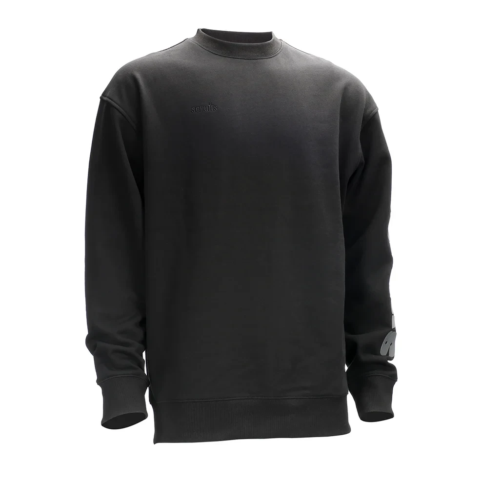 Three-quarter angle front view of black Scruffs Fintry crew neck workwear jumper