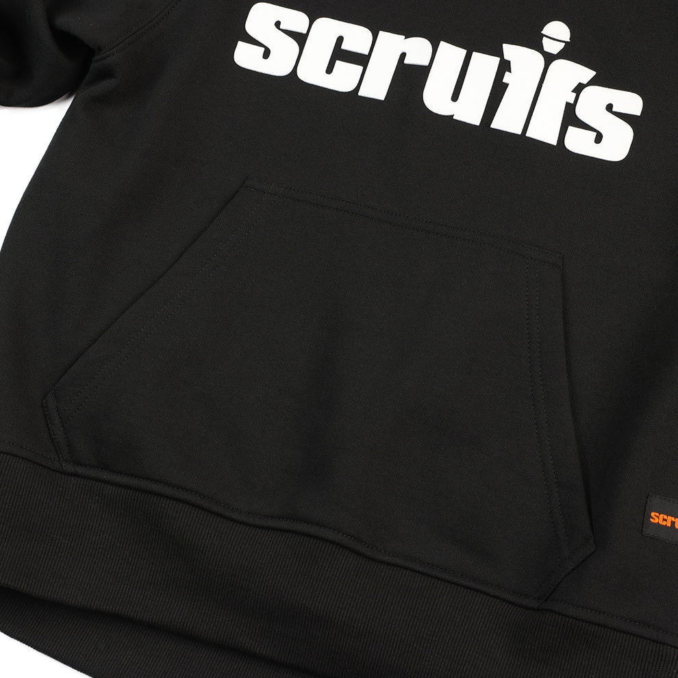 Scruffs Women's Tamworth Logo Hoodie close-up showing front kangaroo pocket and Scruffs logo