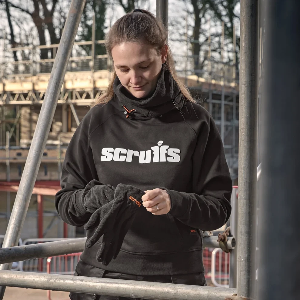 Scruffs Women's Tamworth Logo Hoodie black with large Scruffs chest logo worn on site