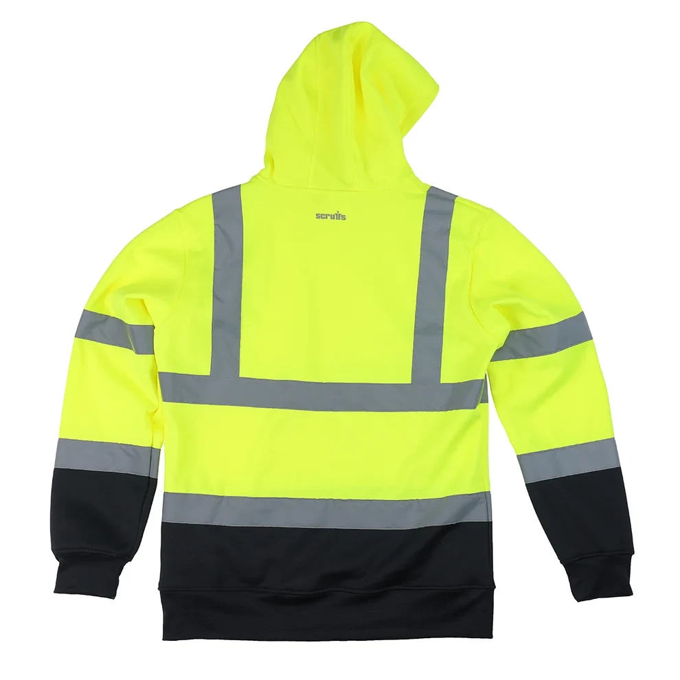 Scruffs High Visibility Hoodie yellow and black rear view showing reflective tape and Scruffs branding