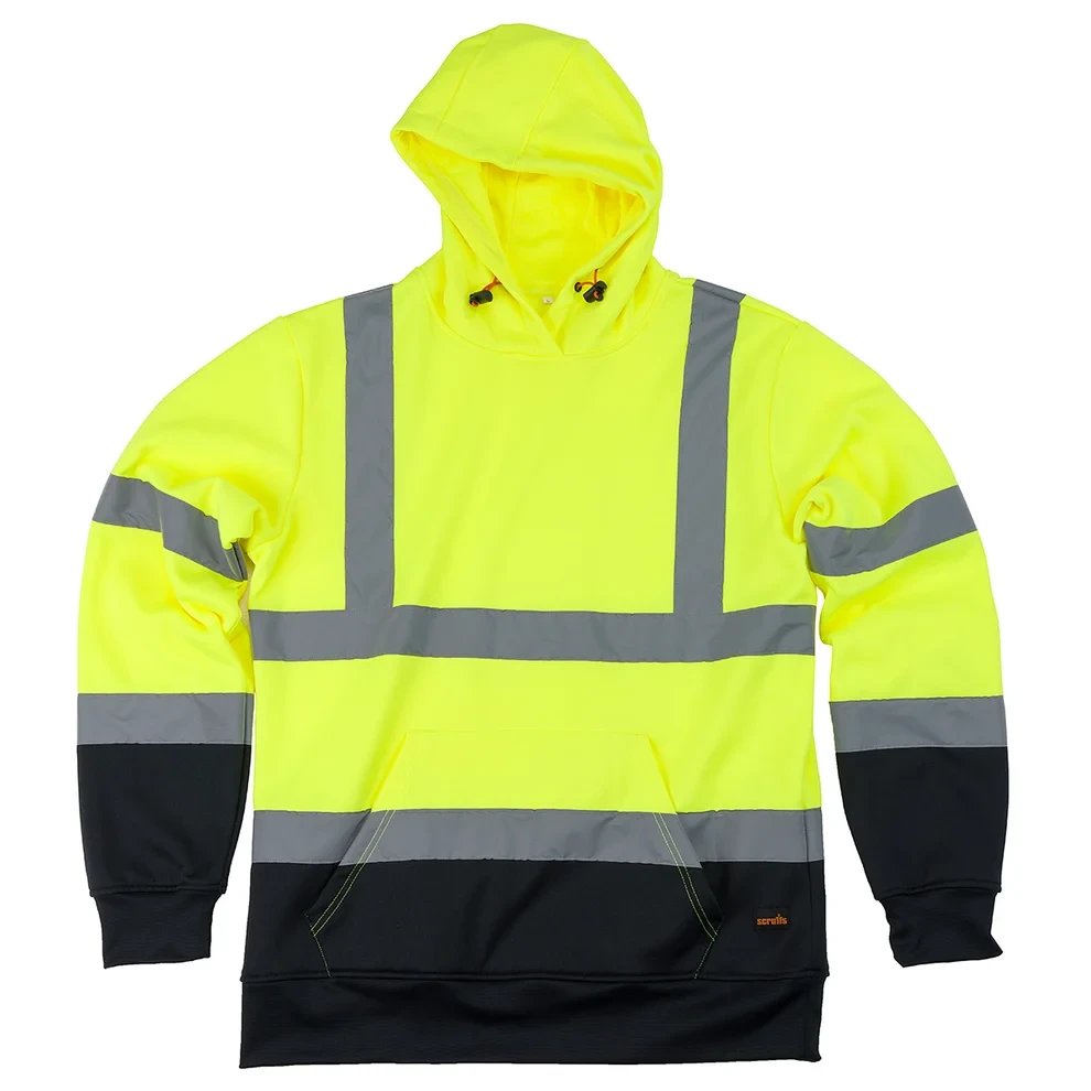 Scruffs High Visibility Hoodie yellow and black front view with reflective tape, kangaroo pocket and adjustable hood