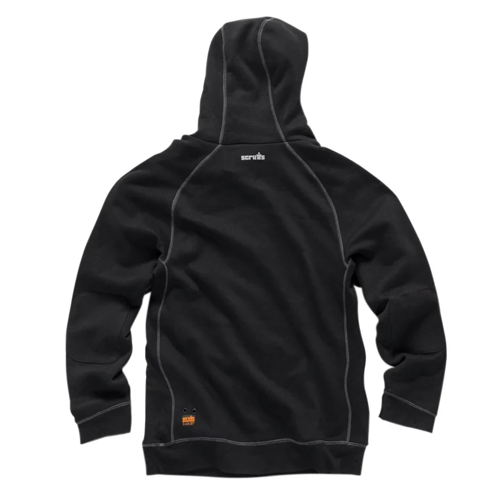 Scruffs Trade Hoodie in black, back view showing hood, contrast stitching, reinforced elbow panels and Scruffs branding