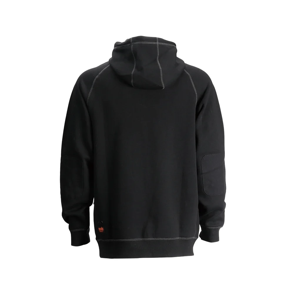 Scruffs Trade Hoodie in black, rear view showing hood, contrast stitching, reinforced elbows and ribbed hem