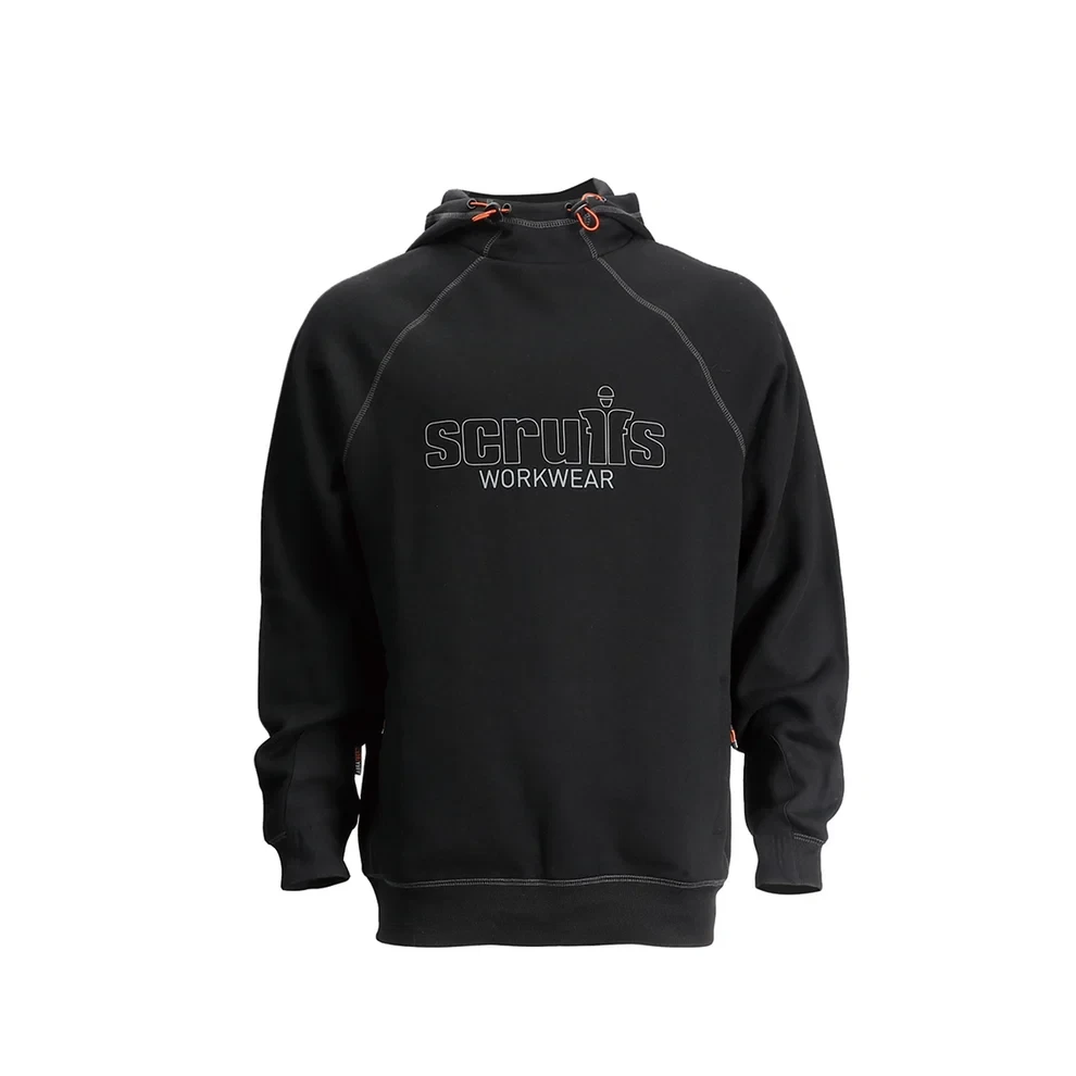 Scruffs Trade Hoodie in black, front view with Scruffs Workwear chest logo, adjustable hood and contrast stitching