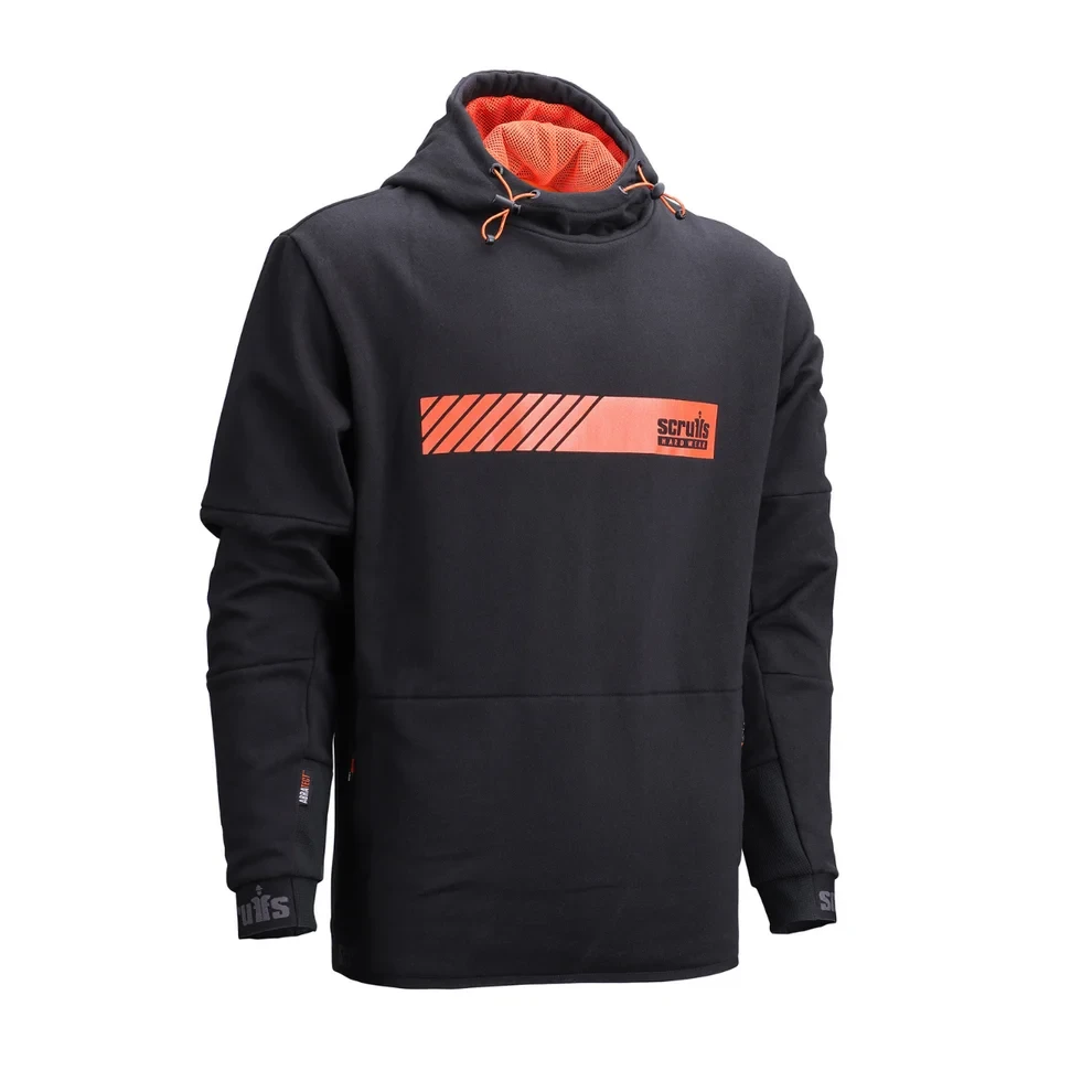 Scruffs Tech Hoodie in black, front view with orange Scruffs branding, adjustable hood and long sleeves