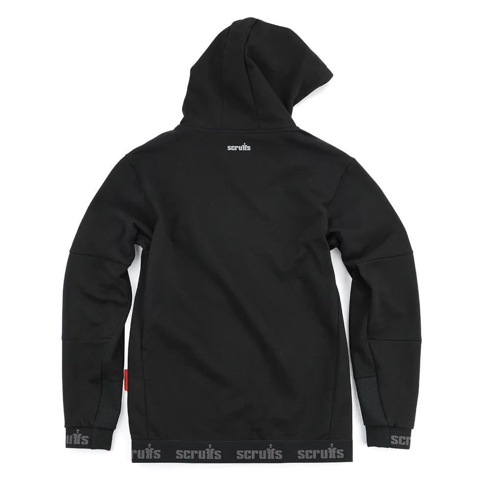Scruffs Tech Hoodie in black, rear view showing hood, Scruffs branded hem and reinforced sleeve design