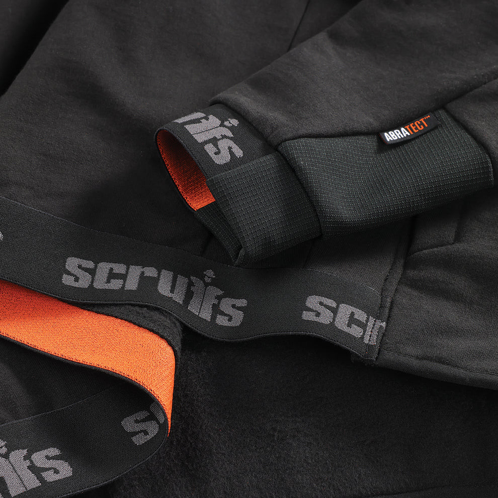 Scruffs Tech Hoodie sleeve detail showing Scruffs branded cuffs and Abratect reinforcement