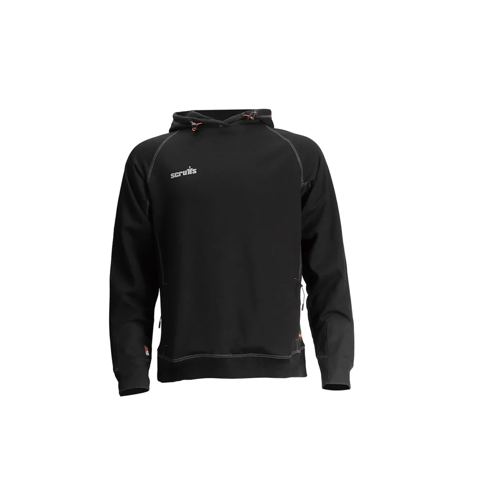 Scruffs Women's Trade Hoodie in black, front view with Scruffs logo, contrast stitching and zipped side pockets