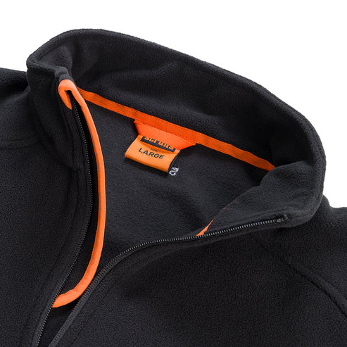 Scruffs Harbour Microfibre collar close-up showing orange trim, front zip and Scruffs neck label