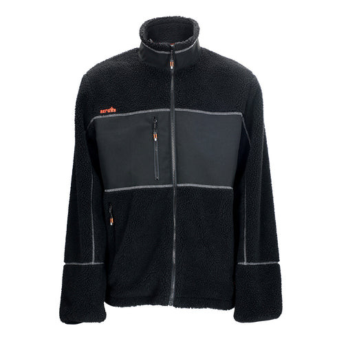 Scruffs Borley Sherpa Fleece black front view with full zip, zipped chest pocket and contrast panels