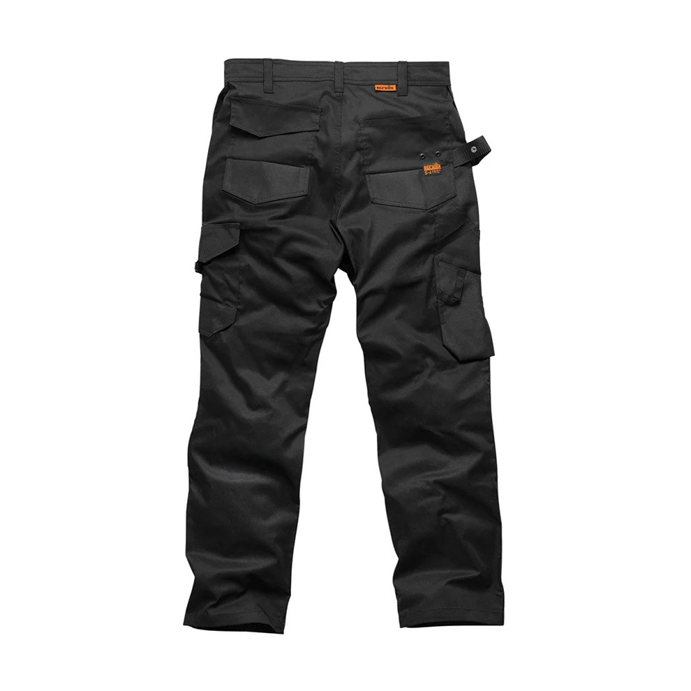 Scruffs Trade Flex Trousers black front view with cargo pockets and reinforced knees