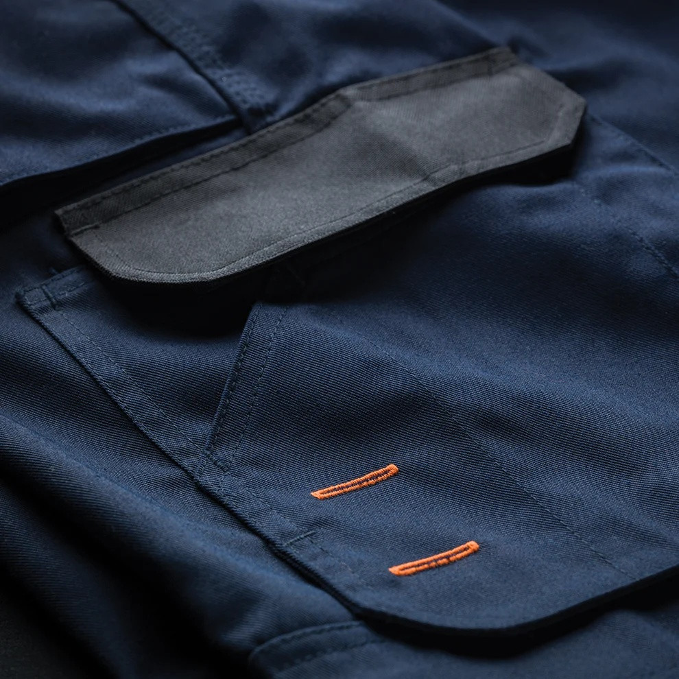 Scruffs Worker Trousers navy close-up showing reinforced pocket flap